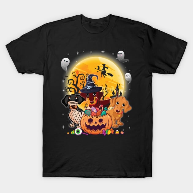 Dachshund Dog Mummy Witch Moon Ghosts Happy Halloween Thanksgiving Merry Christmas Day T-Shirt by joandraelliot